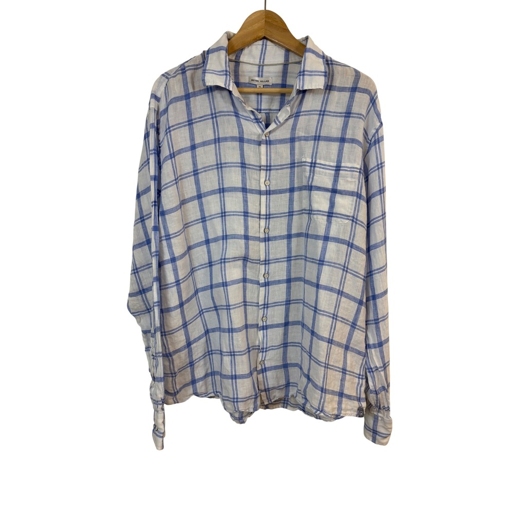 Peter Millar Button Down XL Blue Linen Plaid Long Sleeve Shirt Preppy Classic